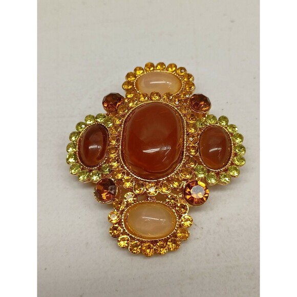 Butterscotch Amber Cream Lucite Cabochon Multicolor Rhinestone Brooch Pendant - Picture 1 of 8